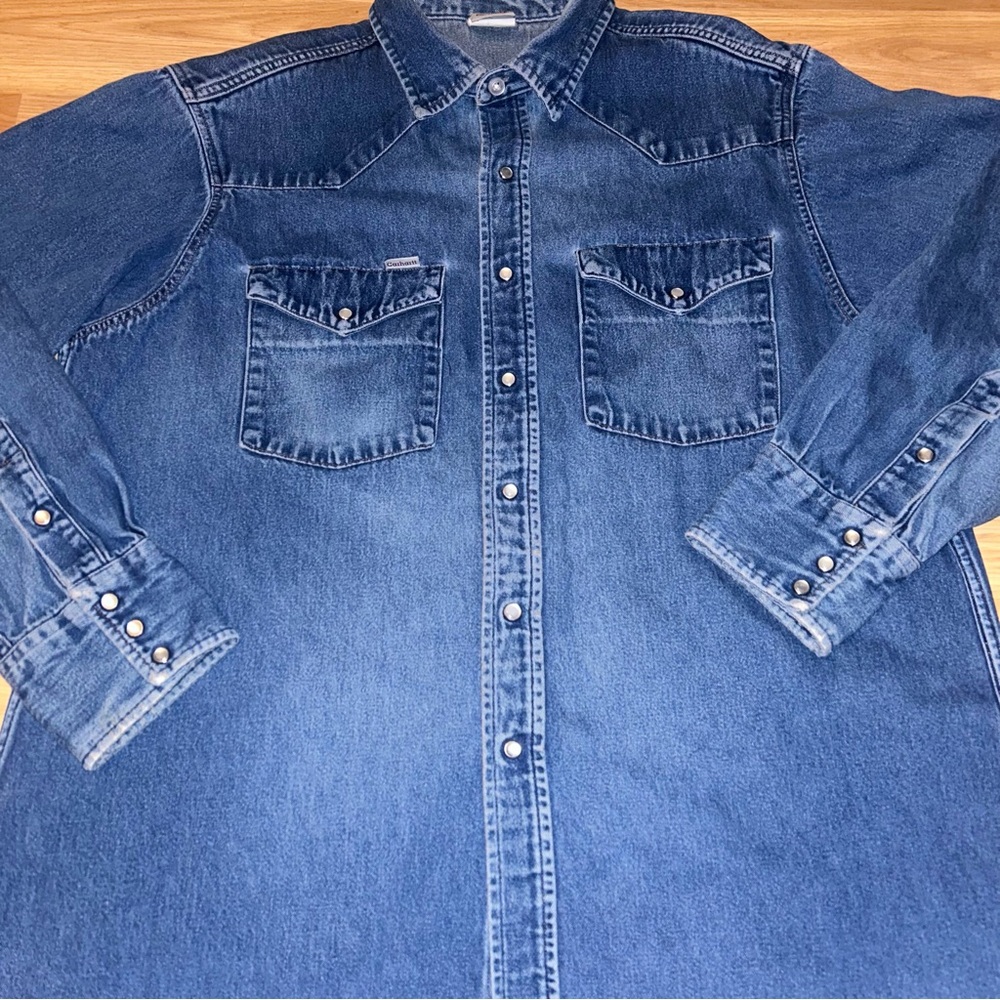 Vintage Carhartt Denim Shirt Men’s 17 1/2 x 35 Pearl Snap Distressed S02 - Picture 2 of 10